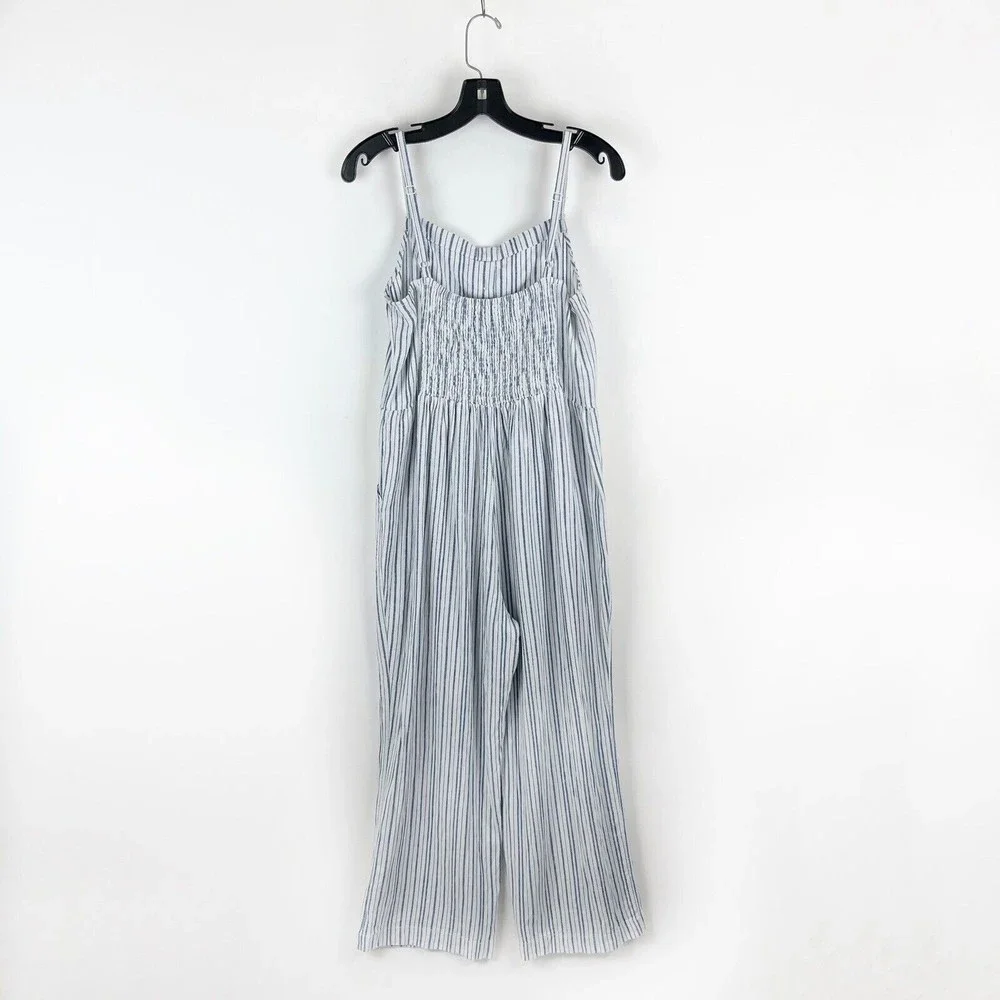Old Navy Linen Cropped Jumpsuit Smocked Back Blue Stripe Boho Lagenlook - Picture 6 of 16